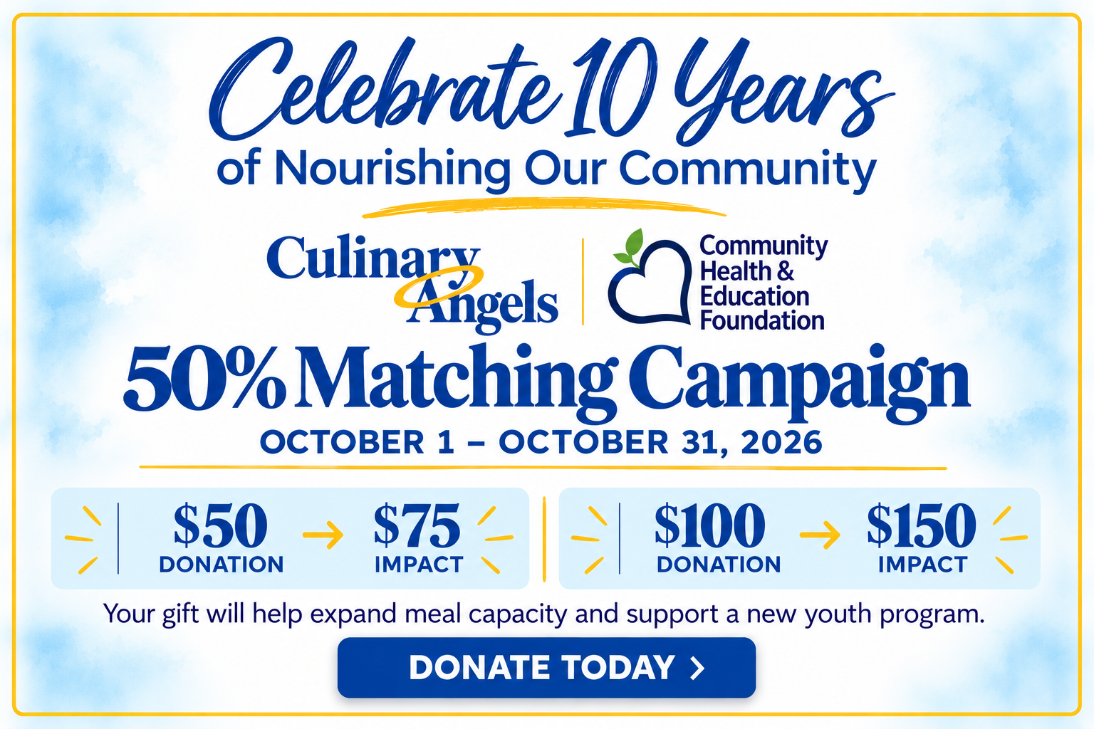 Celebrate 10 Years of Nourishing Our Community - 50% Matching Campaign, October 1-31, 2026. Donate today.